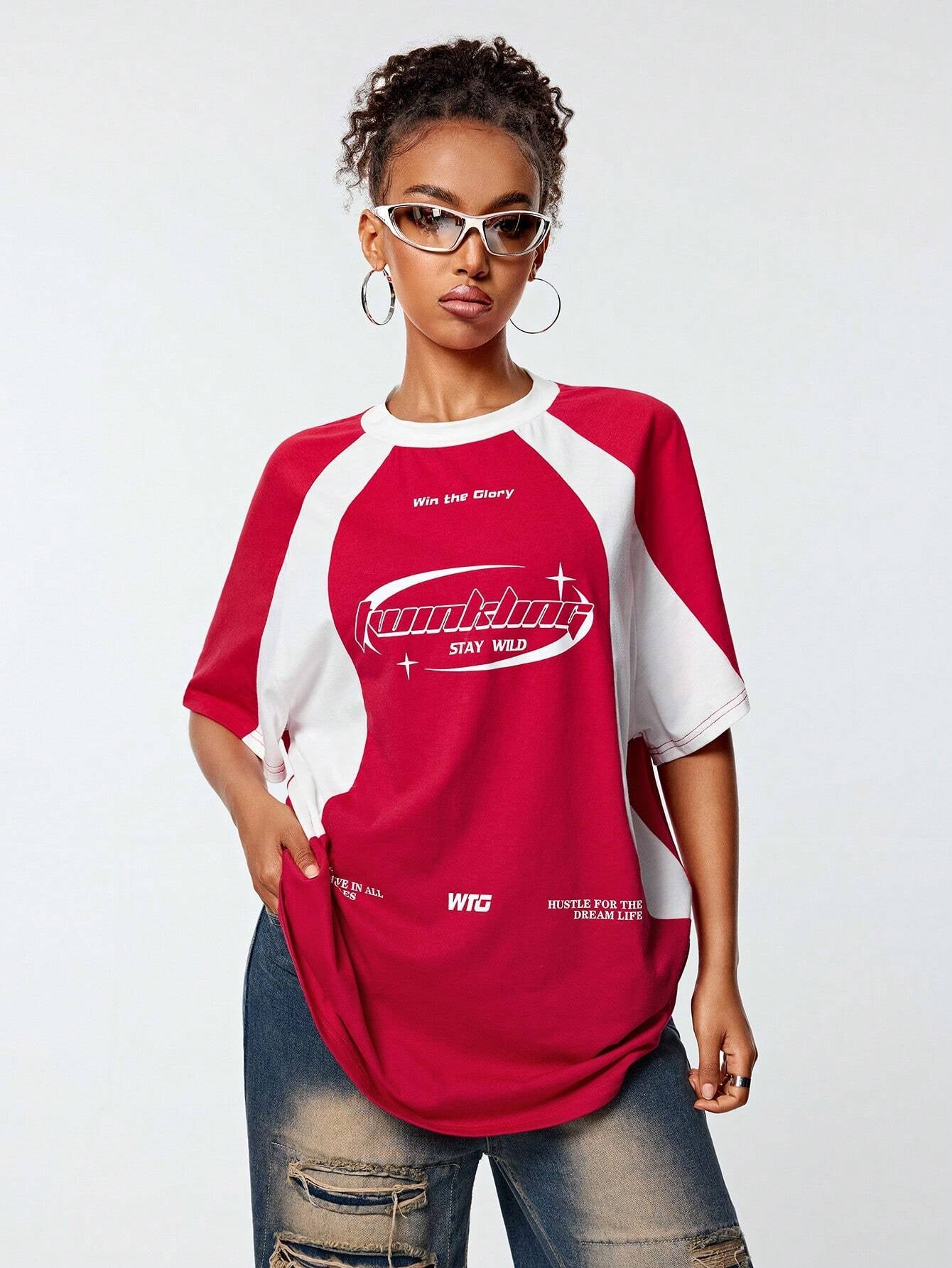 Coolane Women'S Streetwear Oversized Racing Motorcycle Print Color Block Raglan Sleeve T-Shirt