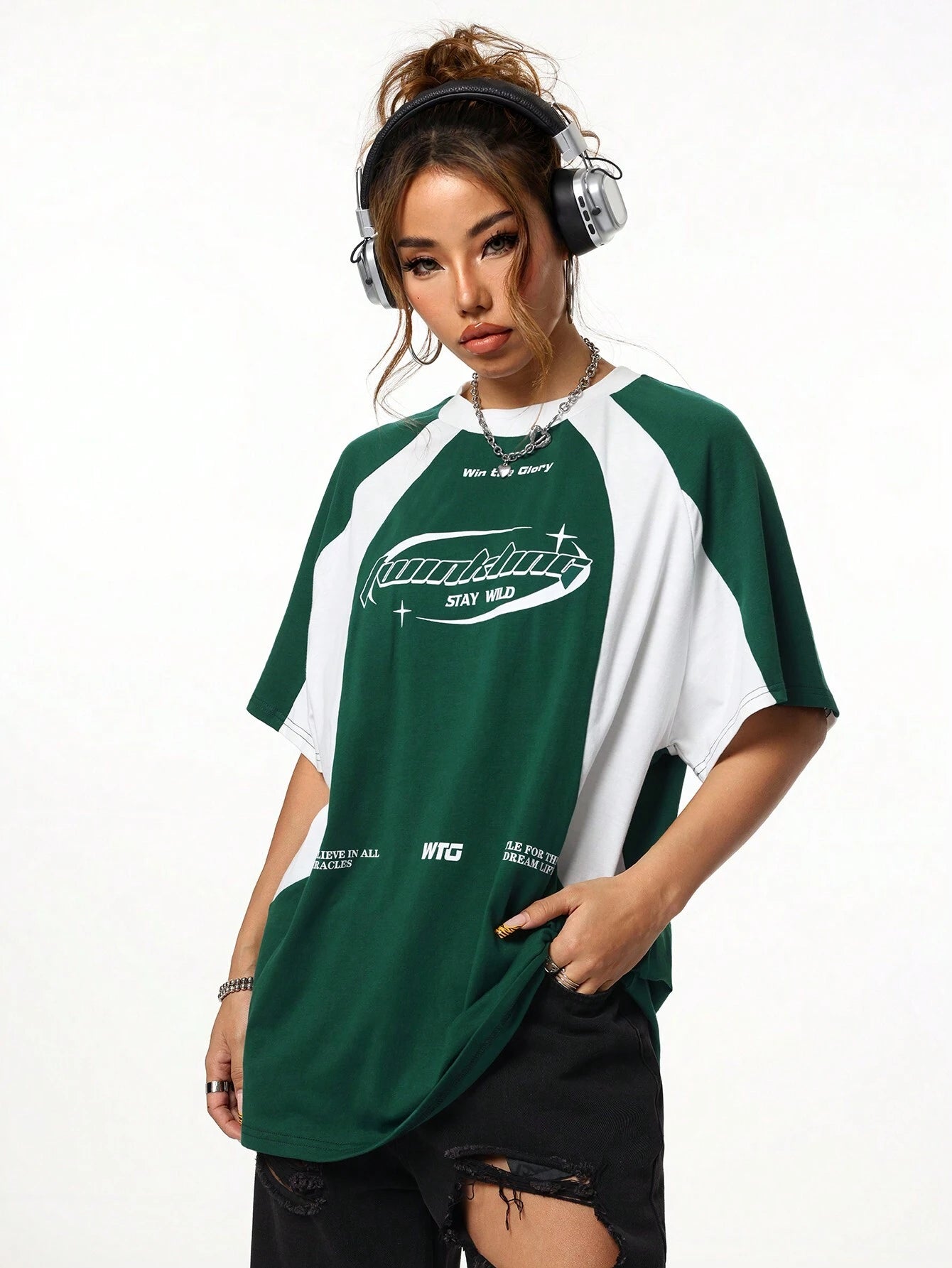 Coolane Women'S Streetwear Oversized Racing Motorcycle Print Color Block Raglan Sleeve T-Shirt