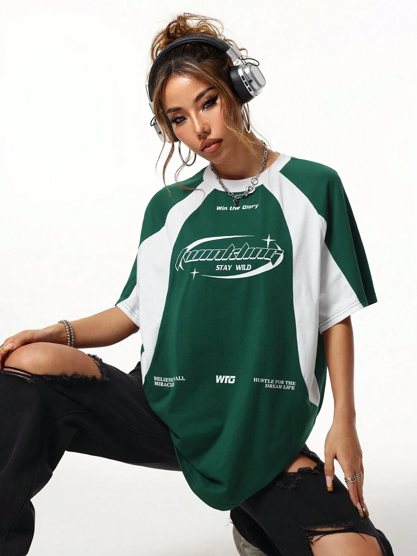 Coolane Women'S Streetwear Oversized Racing Motorcycle Print Color Block Raglan Sleeve T-Shirt