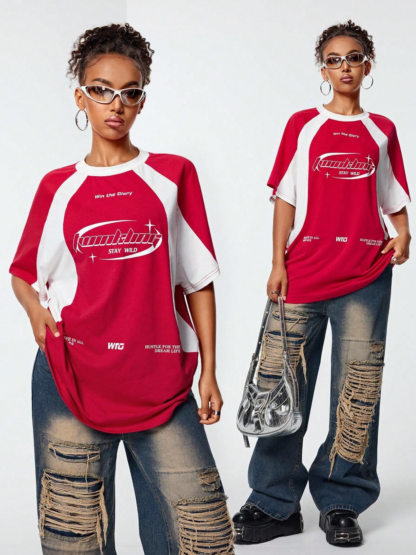 Coolane Women'S Streetwear Oversized Racing Motorcycle Print Color Block Raglan Sleeve T-Shirt